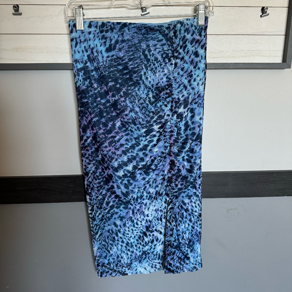 NINE WEST bodycon midi pull on skirt straight ruched slit mesh animal print xs